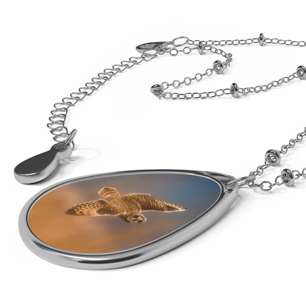 Oval Pendant Necklace with Flying Owl Photo — Nature Wildlife Jewelry Gift - Short-Eared Owl In Fog