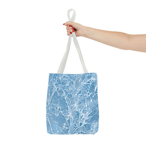 Blue Frosted Branch Tote Bag — Winter Snow Tree Pattern All-Over Print Tote