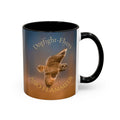 Mug with a image of a short-eared owl flying through the fog and text 'Dogfight Flyers' Short-Eared Owl' 
