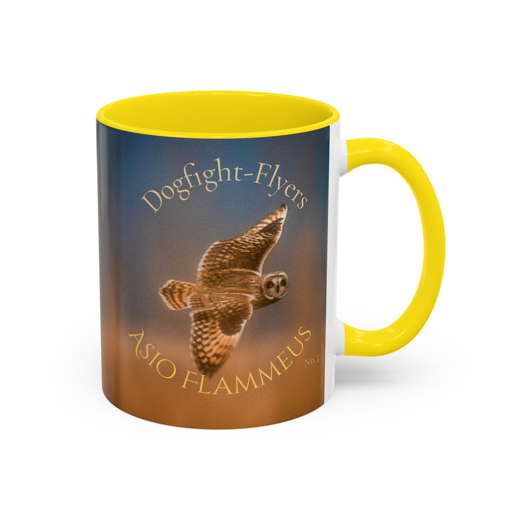 Mug with a image of a short-eared owl flying through the fog and text 'Dogfight Flyers' Short-Eared Owl' 