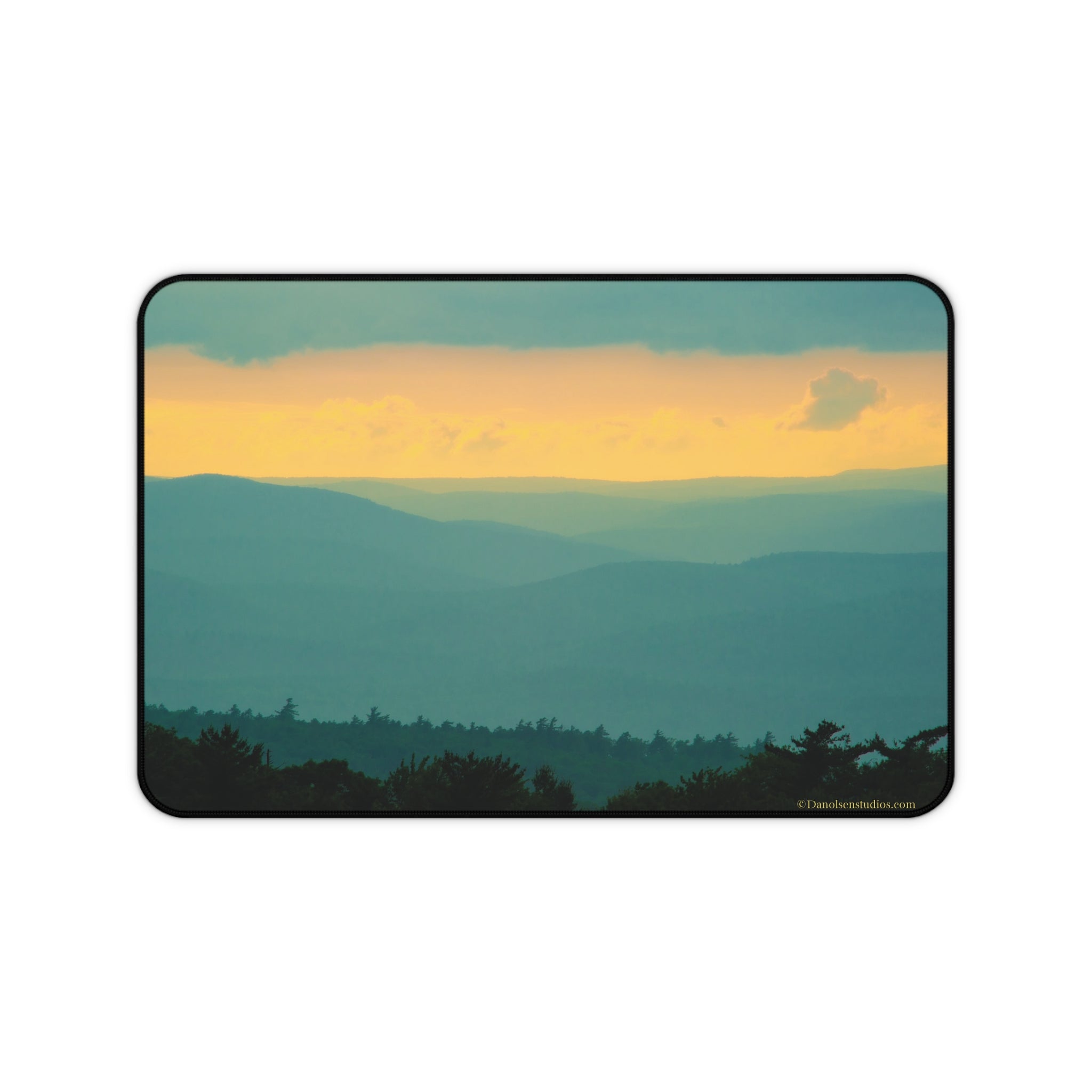 Sunset Mountain Desk Mat — Scenic Blue-Green Landscape Mouse Pad