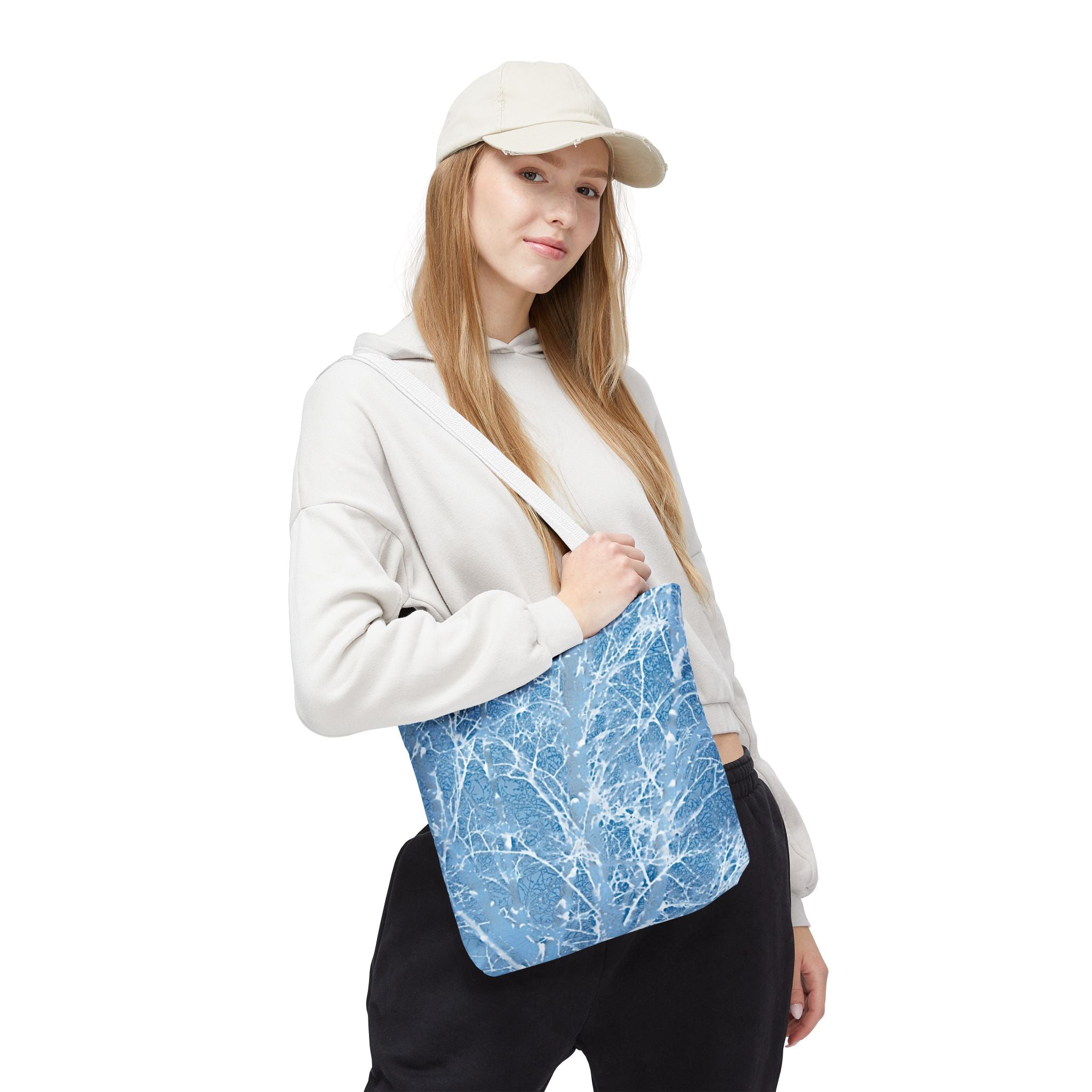 Blue Frosted Branch Tote Bag — Winter Snow Tree Pattern All-Over Print Tote