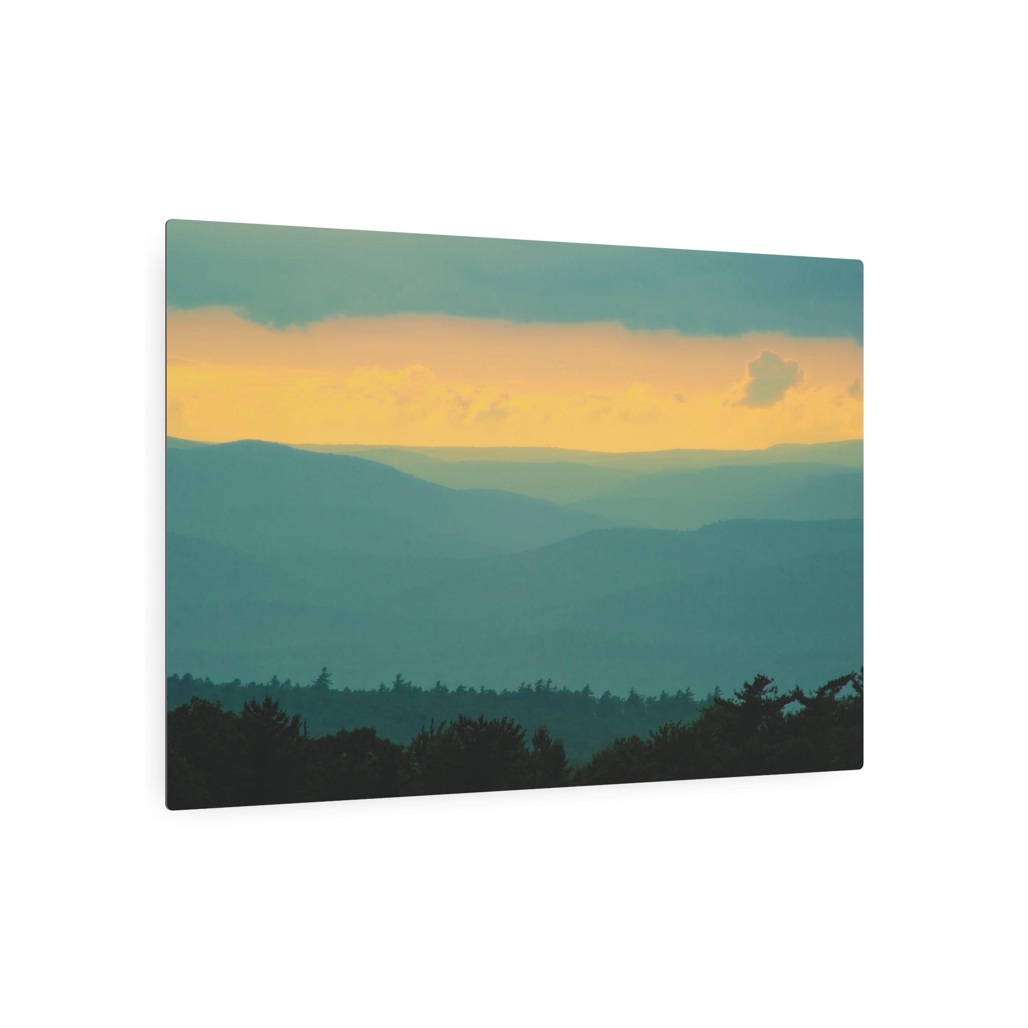 Metal Wall Art Sign — Serene Layered Mountain Sunset Landscape