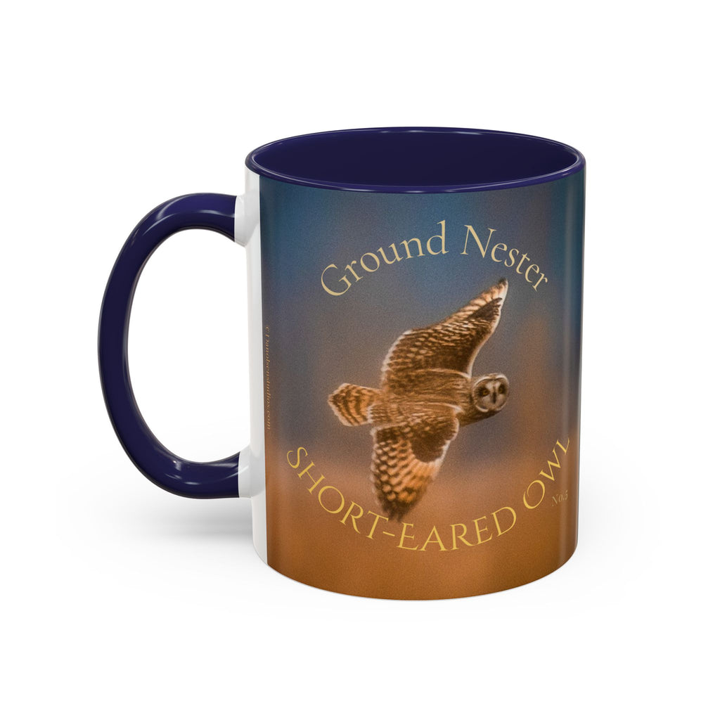 Mug with a image of a short-eared owl flying through the fog and text 'Ground Tester' Short-Eared Owl' on a white background
