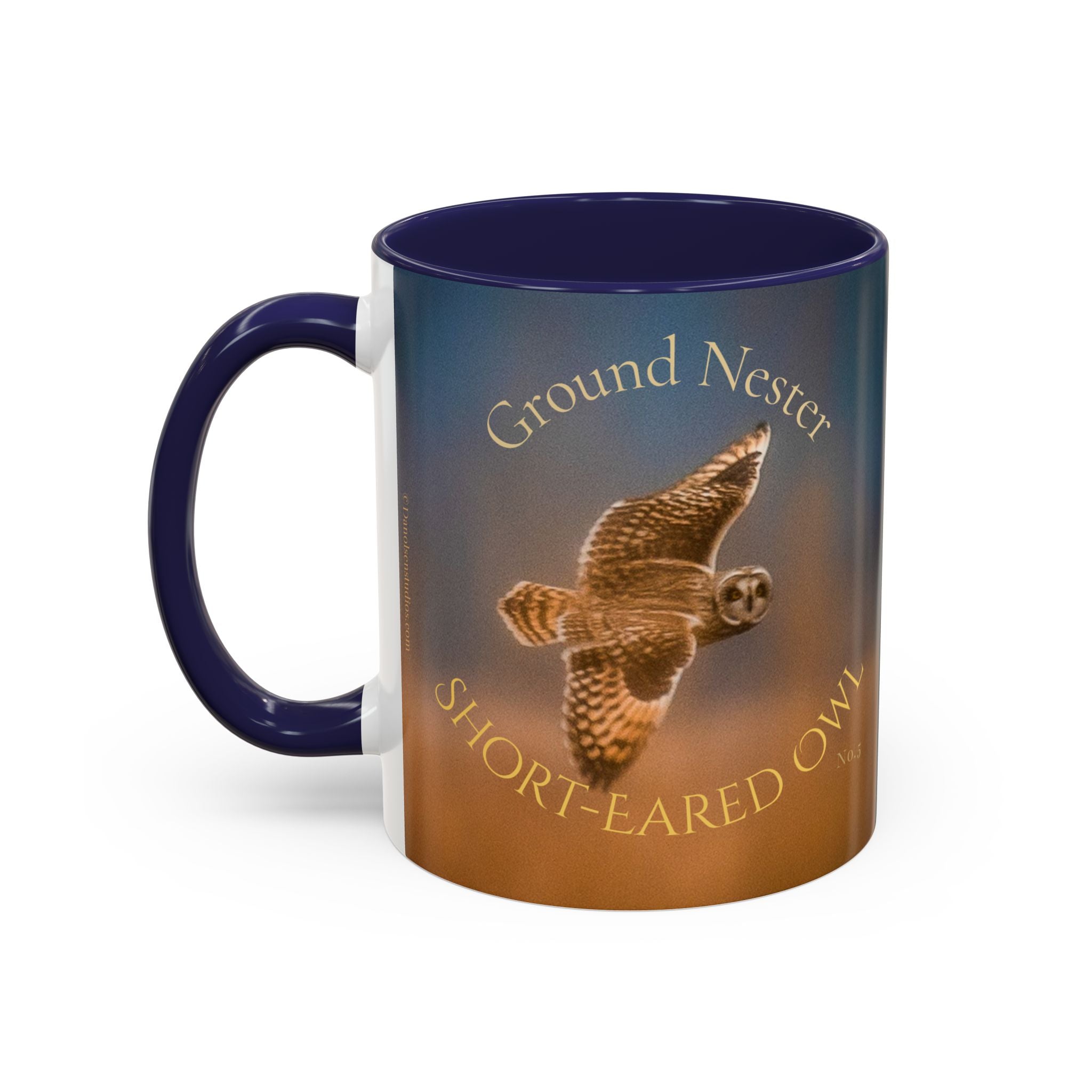 Mug with a image of a short-eared owl flying through the fog and text 'Ground Tester' Short-Eared Owl' on a white background