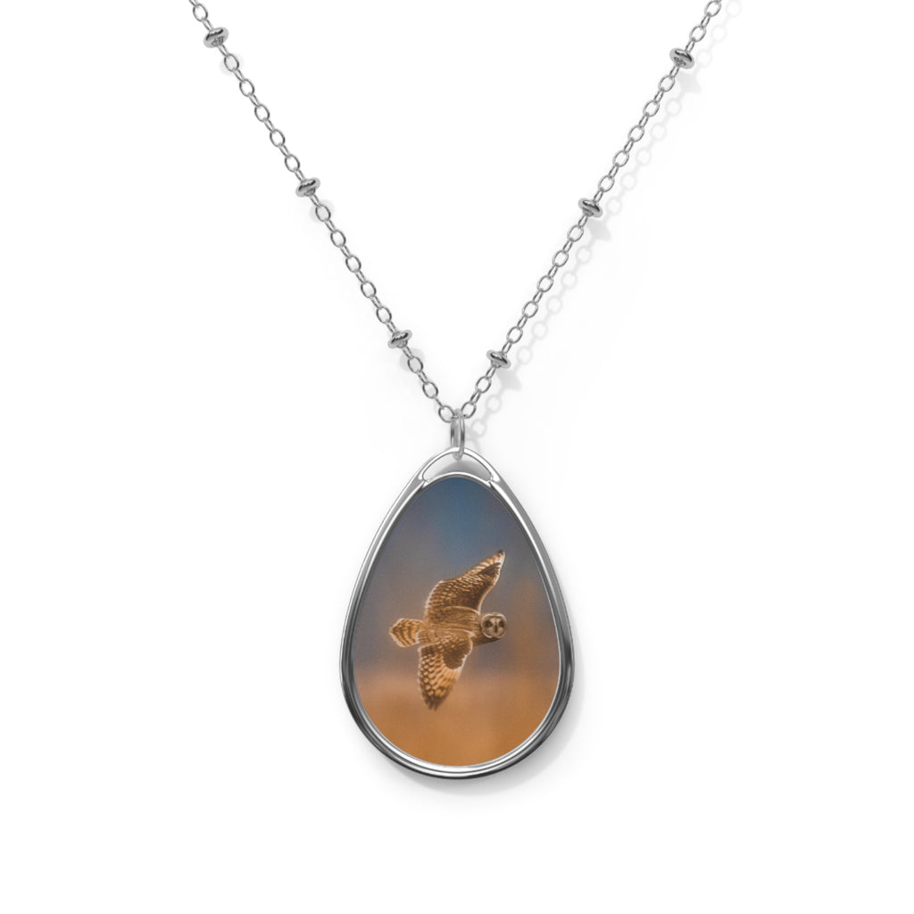 Oval Pendant Necklace with Flying Owl Photo — Nature Wildlife Jewelry Gift - Short-Eared Owl In Fog