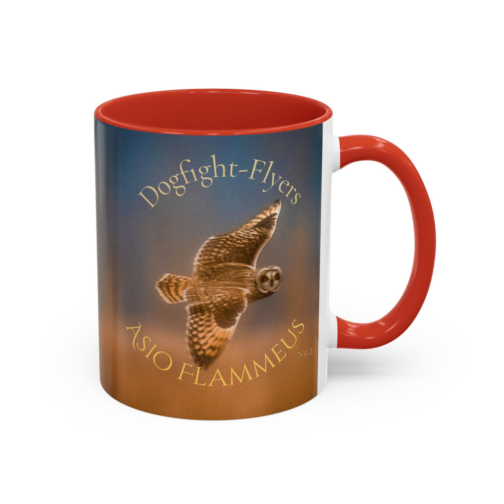 Mug with a image of a short-eared owl flying through the fog and text 'Dogfight Flyers' Short-Eared Owl' 