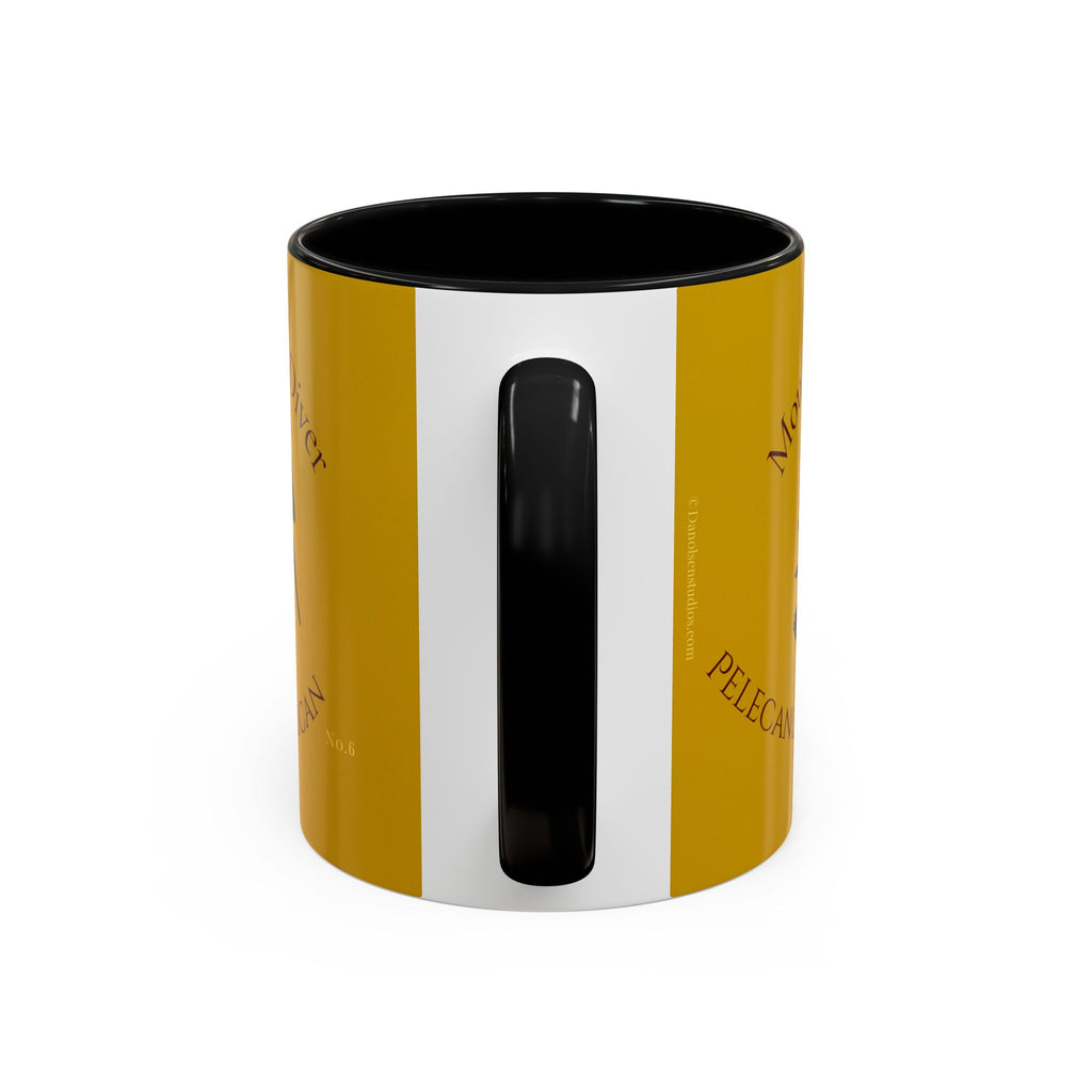Yellow and black mug with a white stripe on a white background