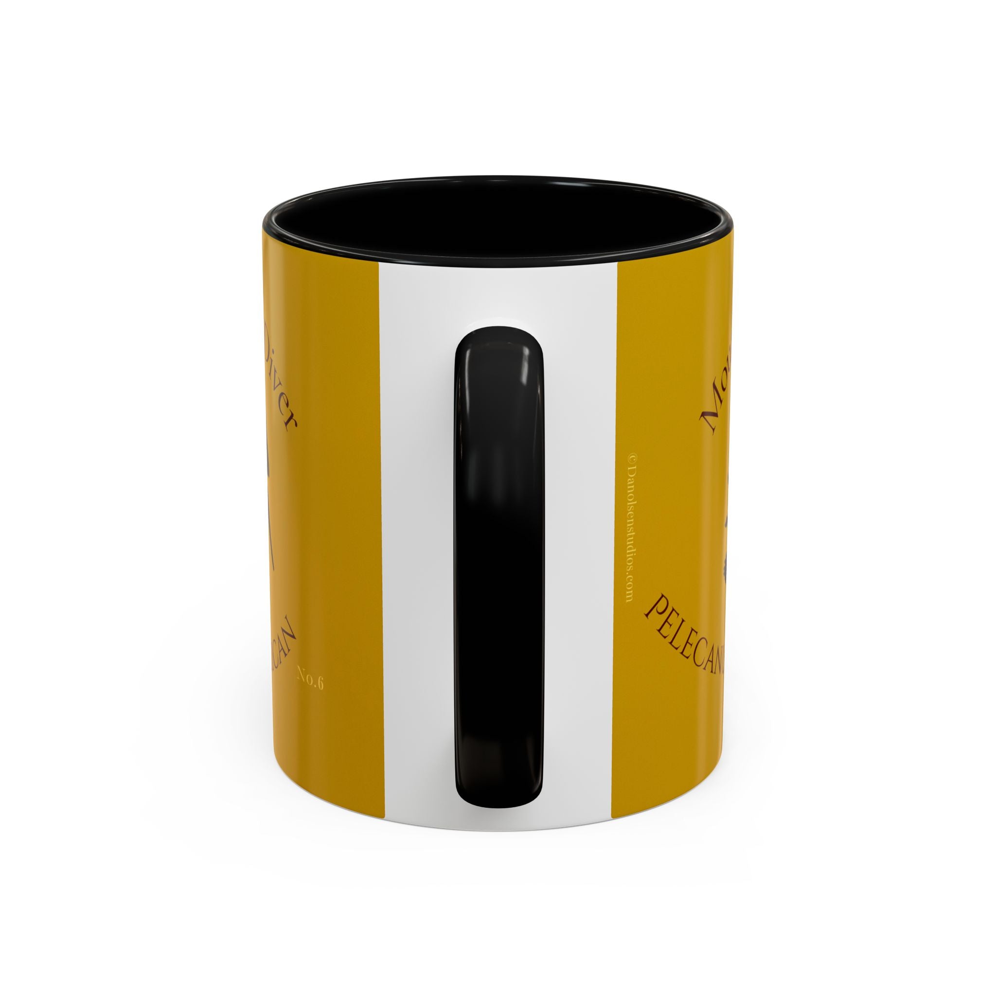 Yellow and black mug with a white stripe on a white background