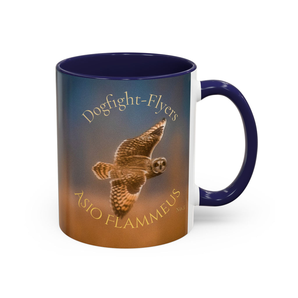 Mug with a image of a short-eared owl flying through the fog and text 'Dogfight Flyers' Short-Eared Owl' 