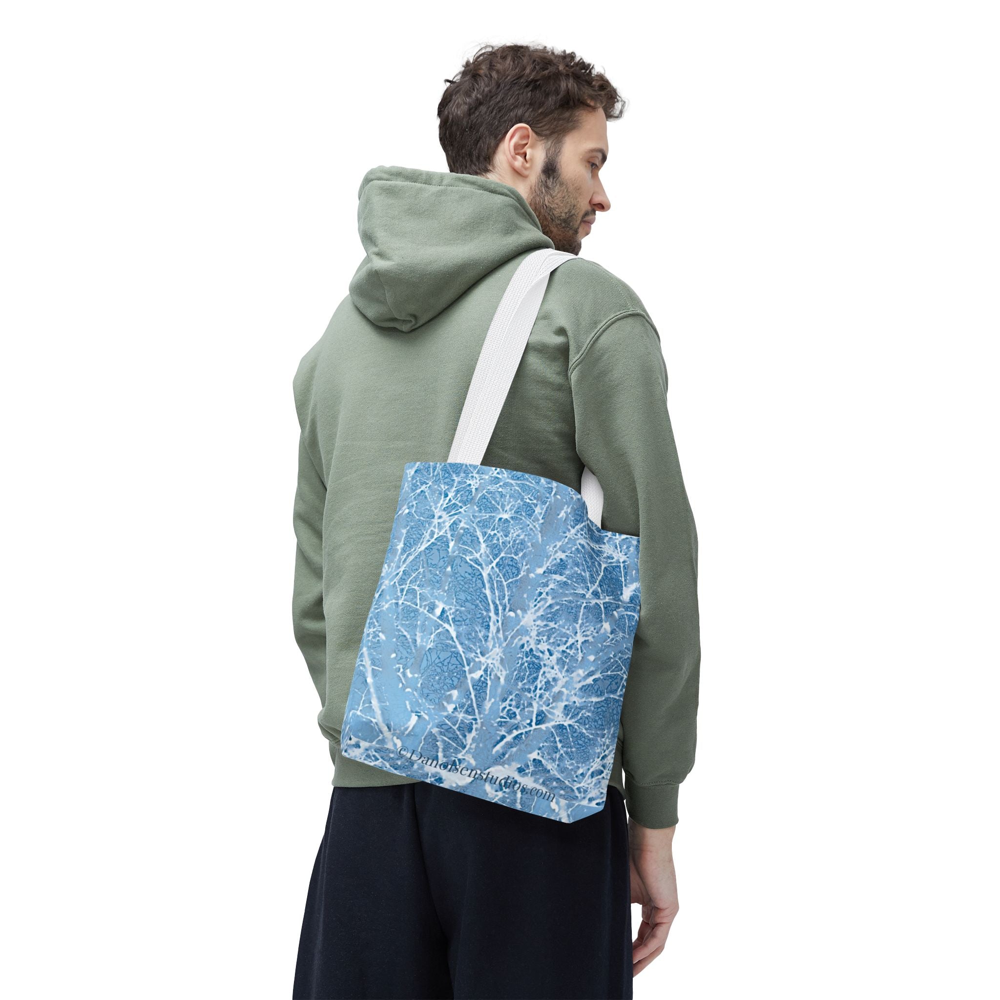 Blue Frosted Branch Tote Bag — Winter Snow Tree Pattern All-Over Print Tote