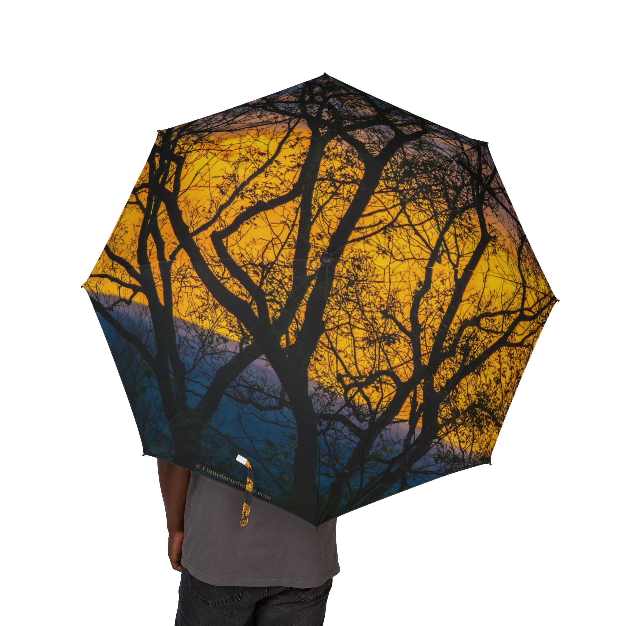 Foldable Umbrella — Golden Sunset Tree Silhouette Compact Umbrella