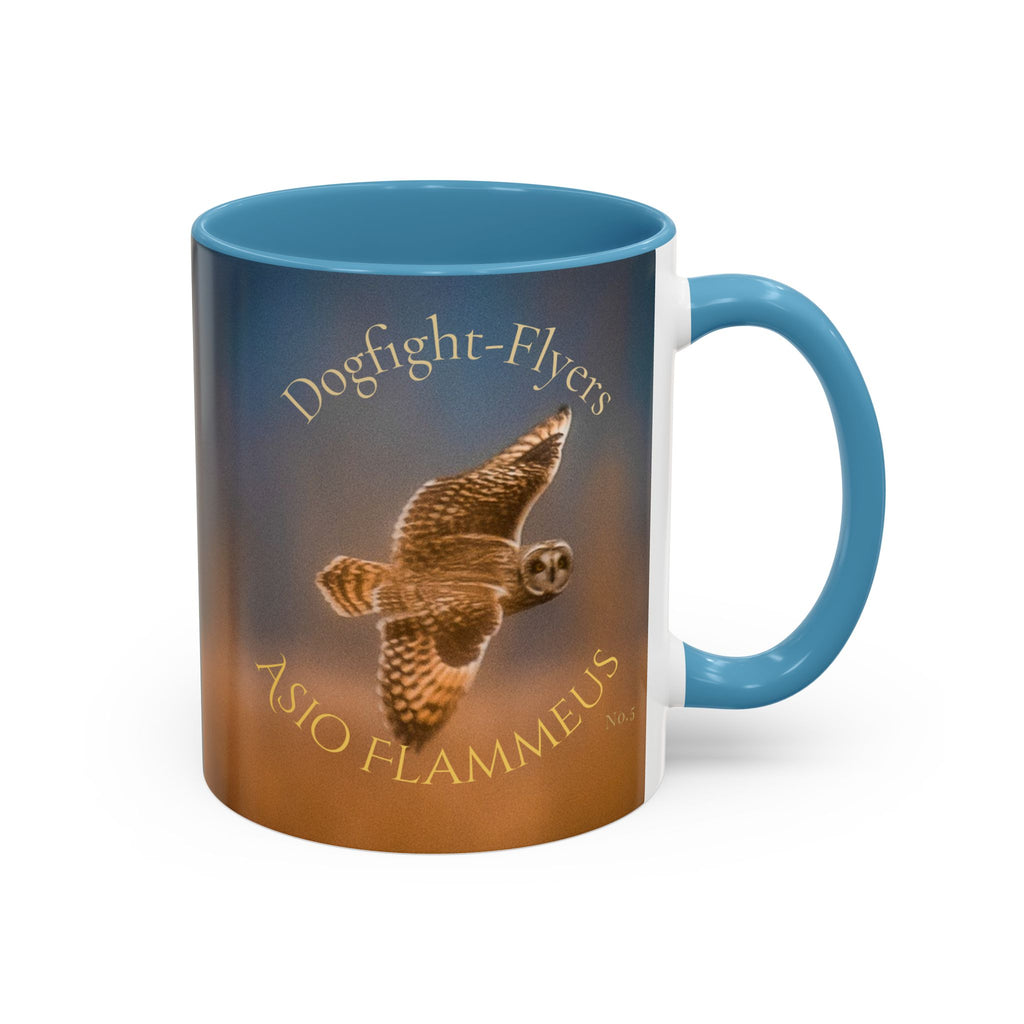 Mug with a image of a short-eared owl flying through the fog and text 'Dogfight Flyers' Short-Eared Owl' 