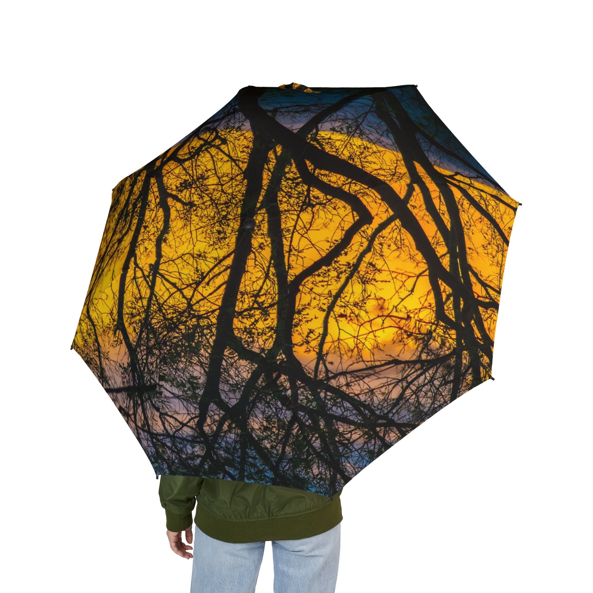 Foldable Umbrella — Golden Sunset Tree Silhouette Compact Umbrella