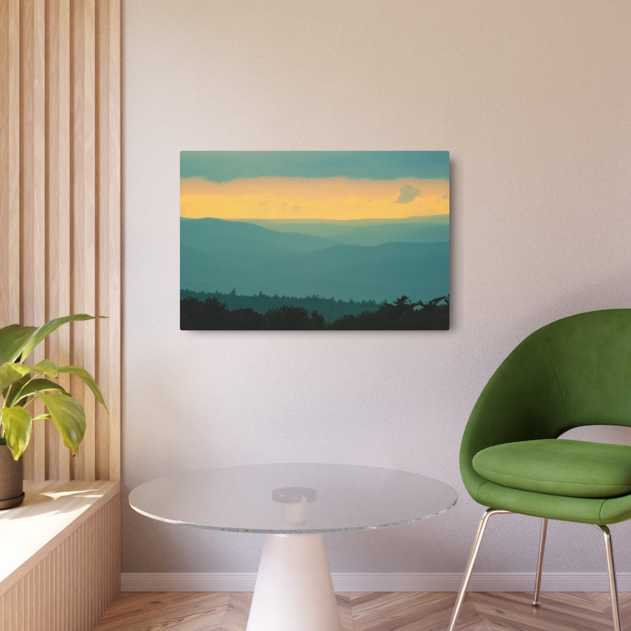 Metal Wall Art Sign — Serene Layered Mountain Sunset Landscape