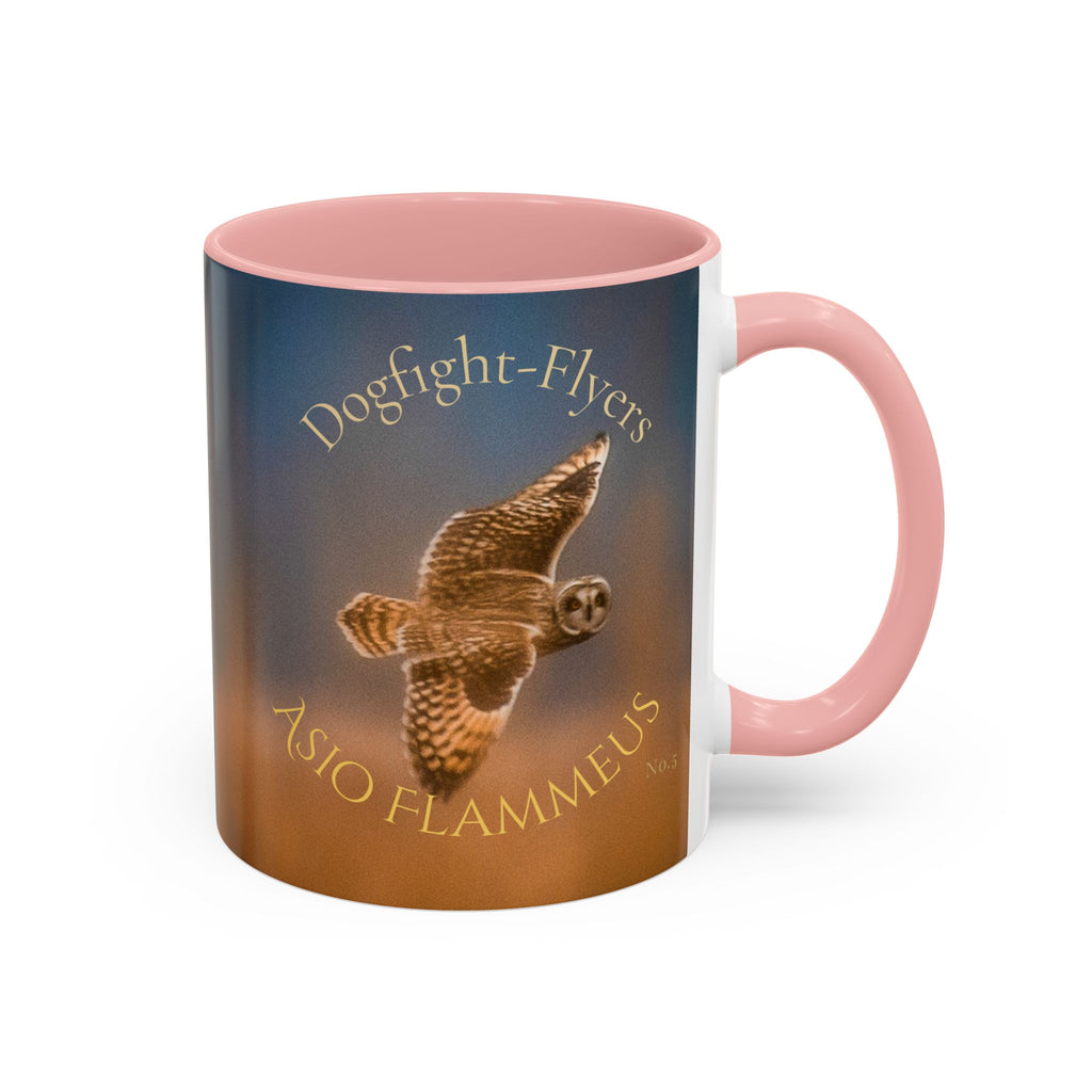 Mug with pink interior and handle featuring a an image of a short-eared owl flying through the fog and text 'Dogfight Flyers' Short-Eared Owl' 