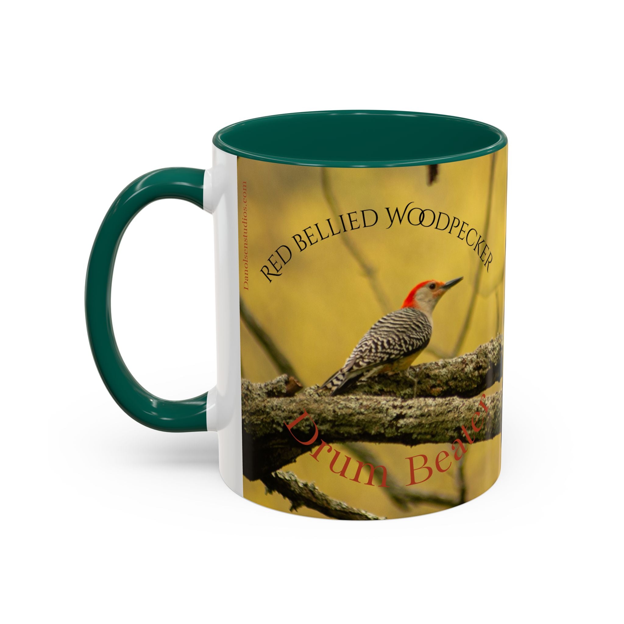 Mug with a red-bellied woodpecker design and text on a white background