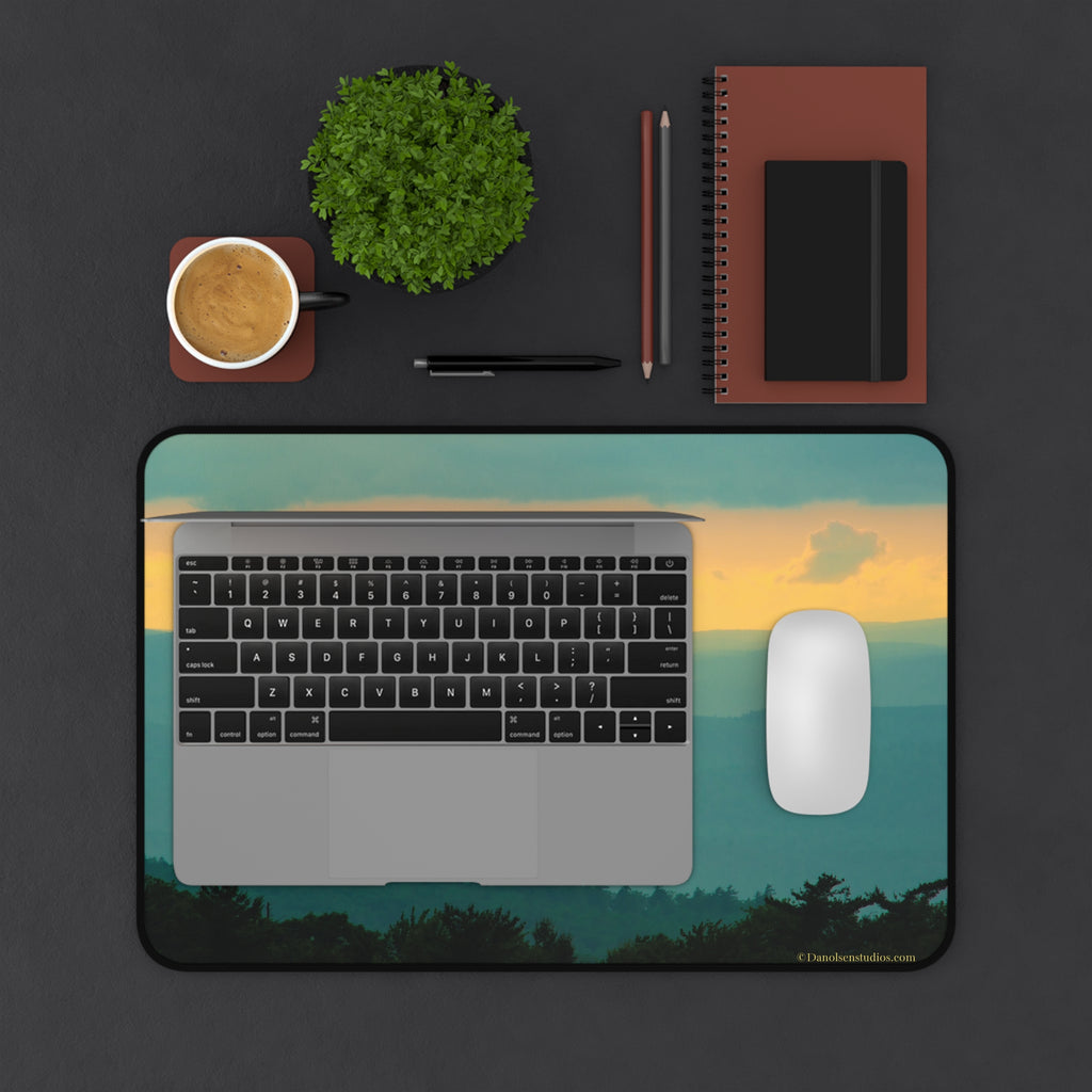 Sunset Mountain Desk Mat — Scenic Blue-Green Landscape Mouse Pad