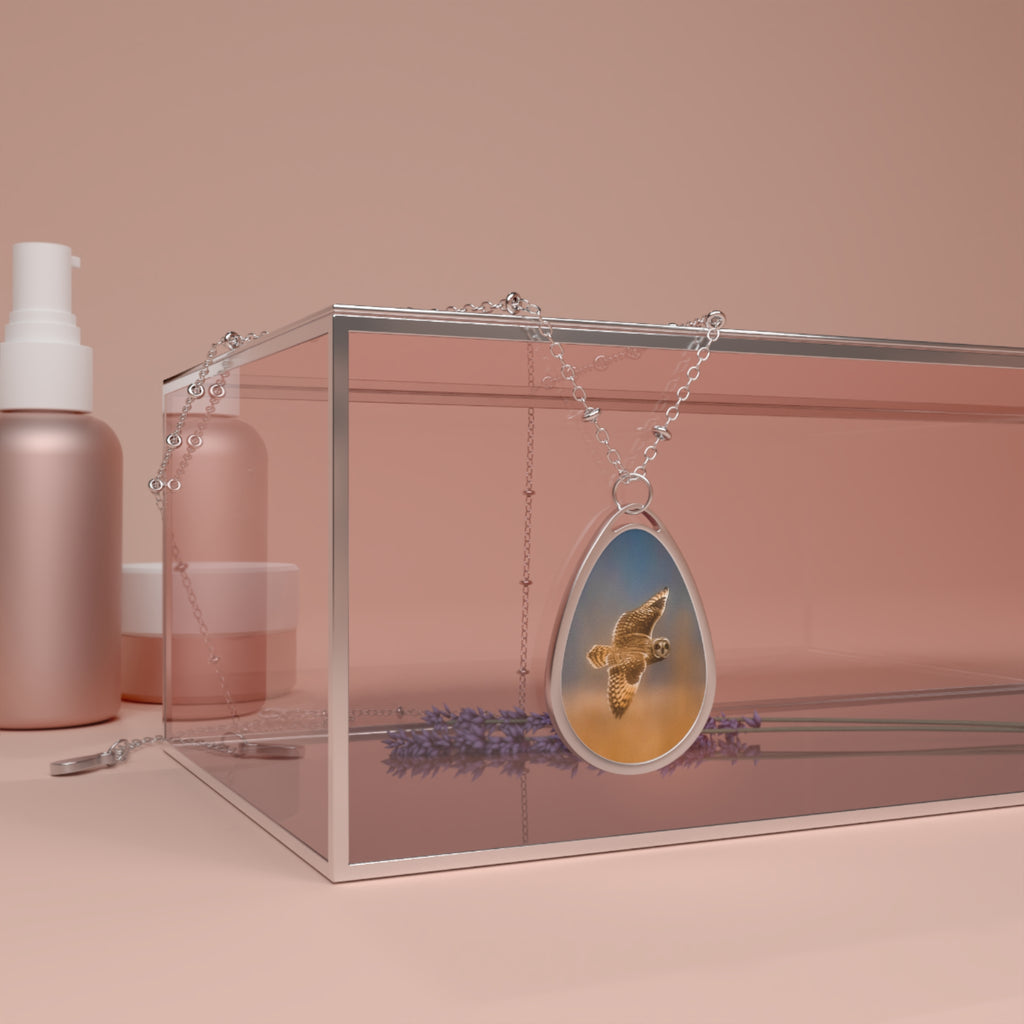 Oval Pendant Necklace with Flying Owl Photo — Nature Wildlife Jewelry Gift - Short-Eared Owl In Fog