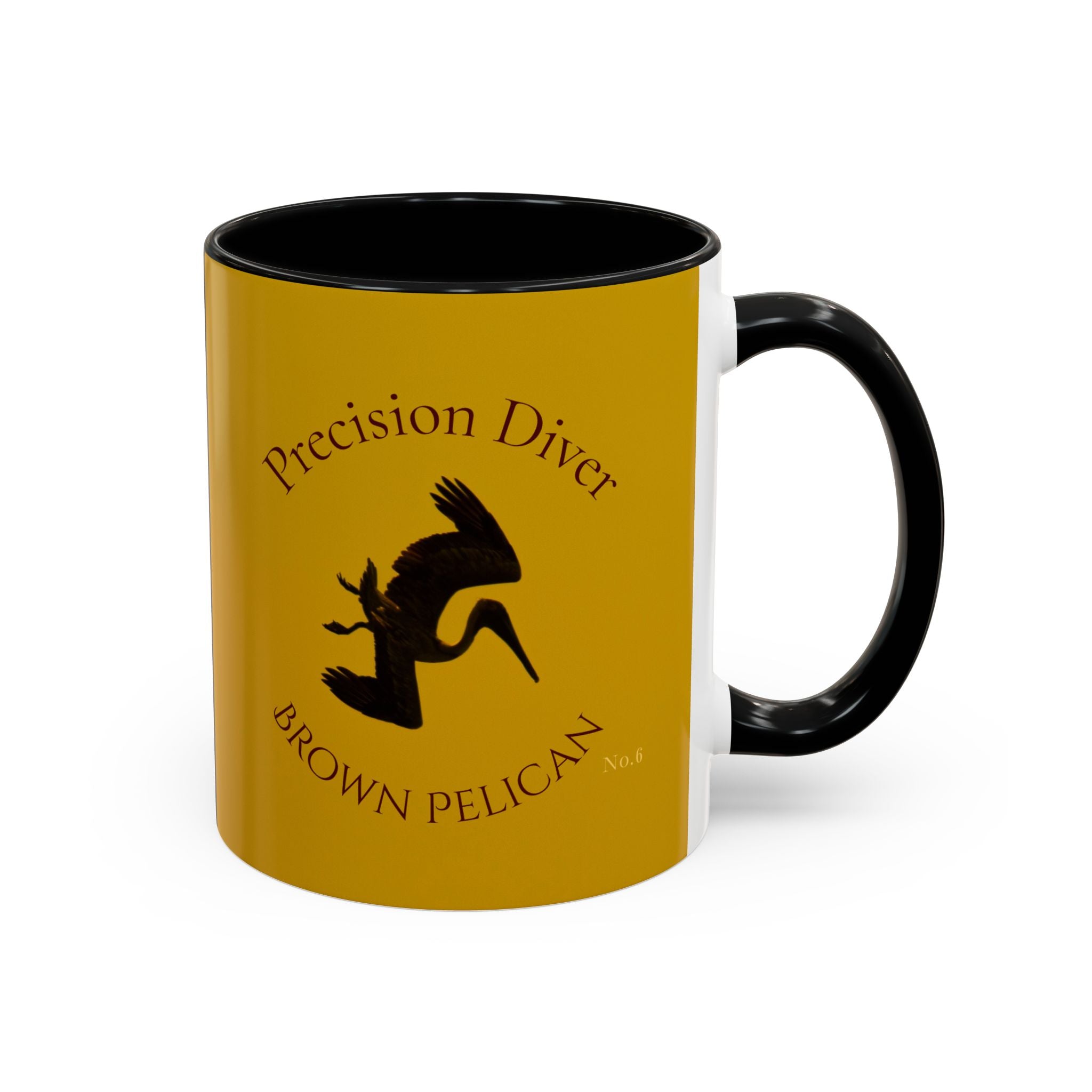 Yellow mug with black handle featuring text 'Precision Diver Brown Pelican' design on a white background