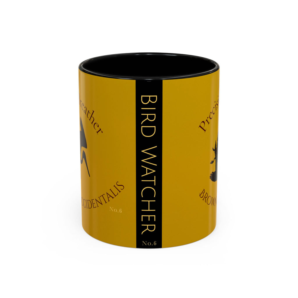 Yellow mug with black interior and bird watcher design on a white background