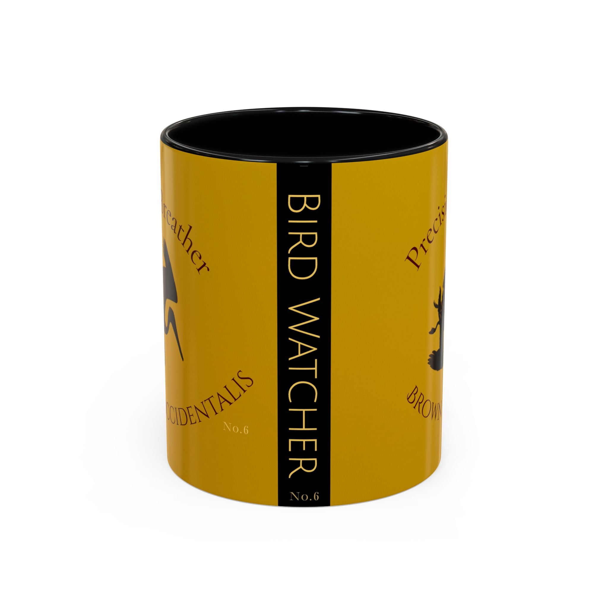 Yellow mug with black interior and bird watcher design on a white background