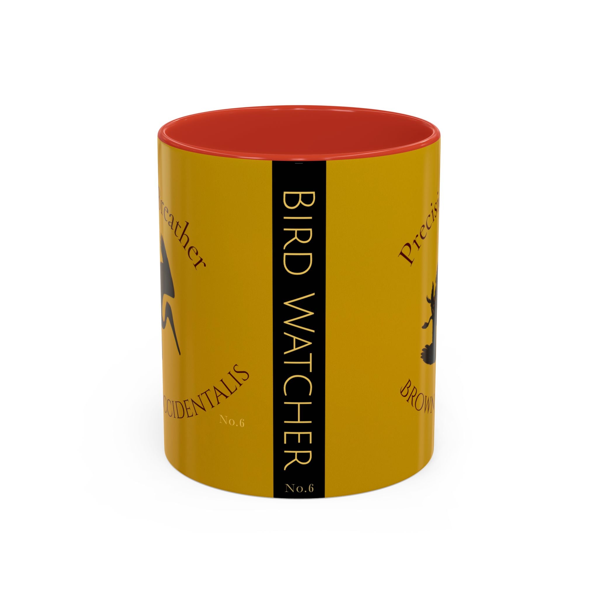 Yellow mug with red interior and black text Bird Watcher on a white background